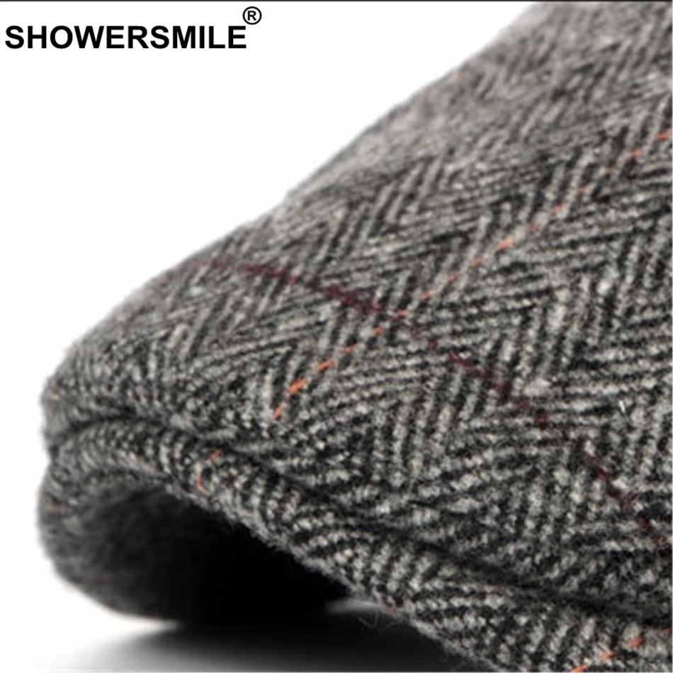 SHOWERSMILE, серый клетчатый берет, Мужская шерстяная шапка в елочку, твидовая шапка-Утконос, мужские теплые шапки, Классические Осенние Зимние плоские шапки в британском стиле