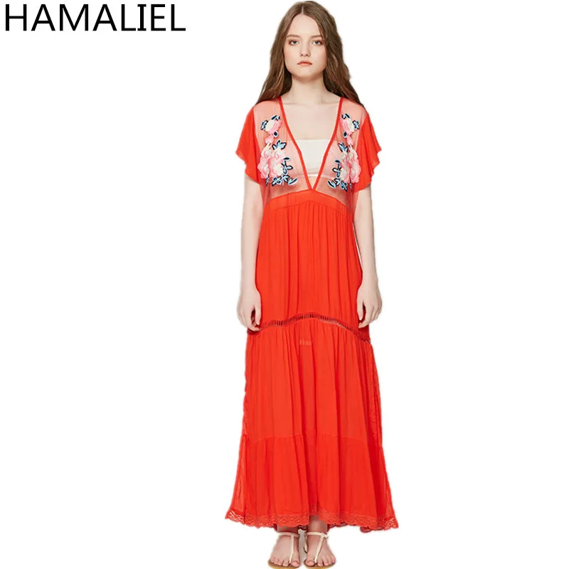 HAMALIEL Goddess богемное длинное женское платье с глубоким v-образным вырезом летнее оранжевое цветочное хлопковое открытое Пляжное Платье макси с вышивкой - Цвет: Кораллово-Красный