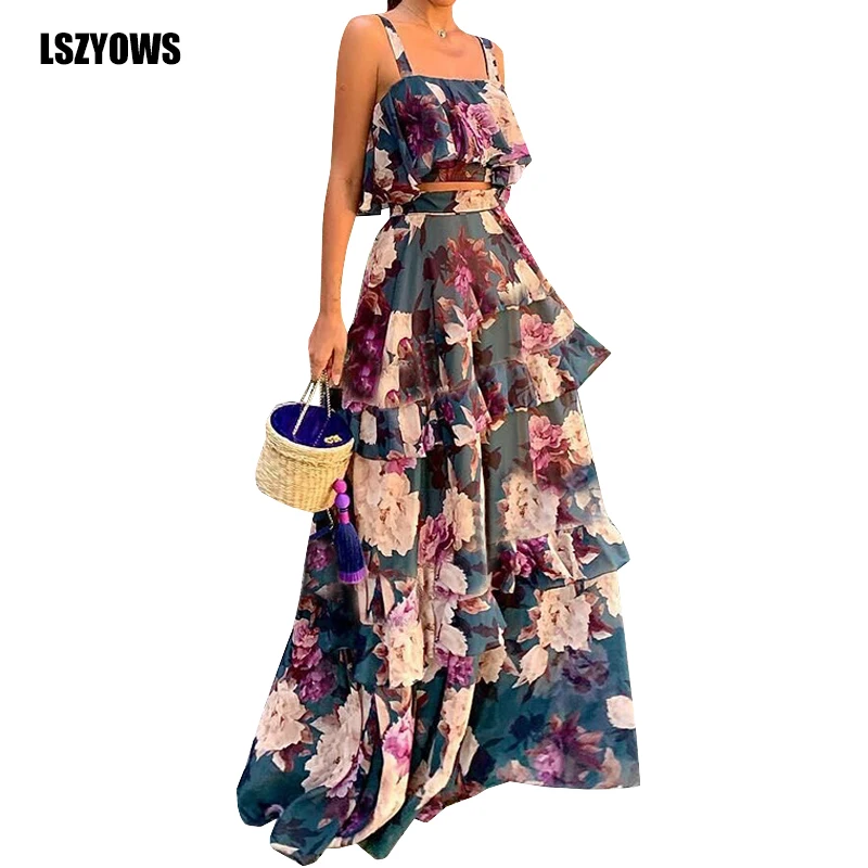 

Bohemian Floral Print Two Piece Set Women Straps Crop Tops And Ruffles Maxi Skirt Suits Summer Party Outfits Chiffon Beach Dress