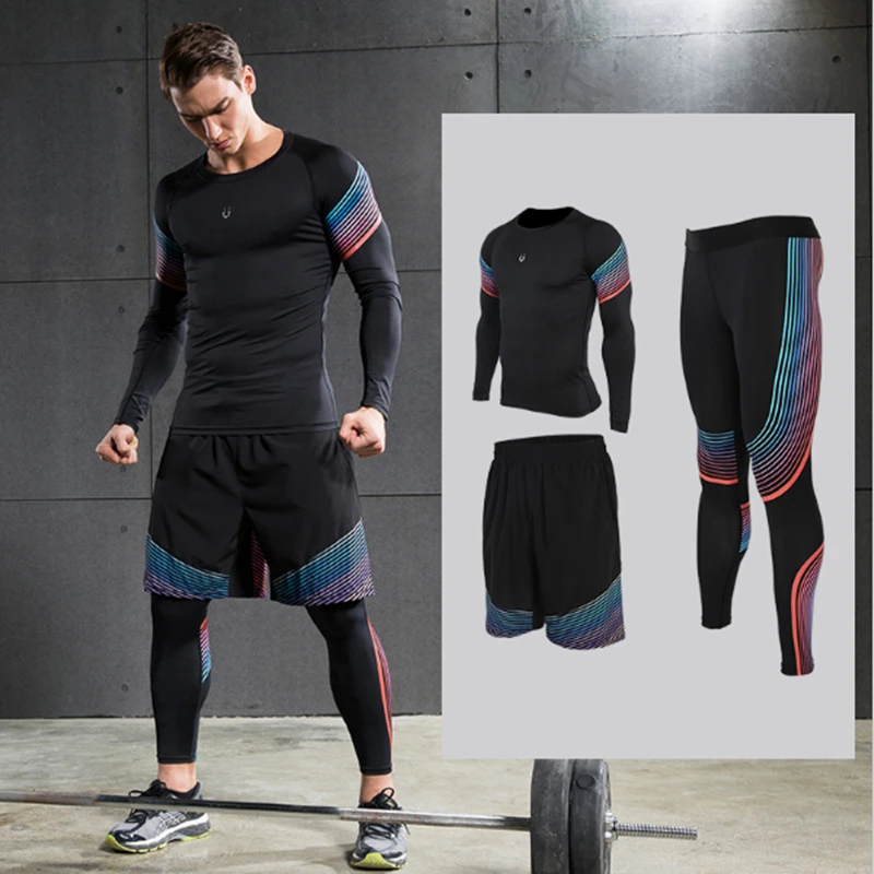 

3 pieces Men's Running Sets Sportswear Compression Tights For Fitness gym jogging Running Basketball Soccer Jersey top quality