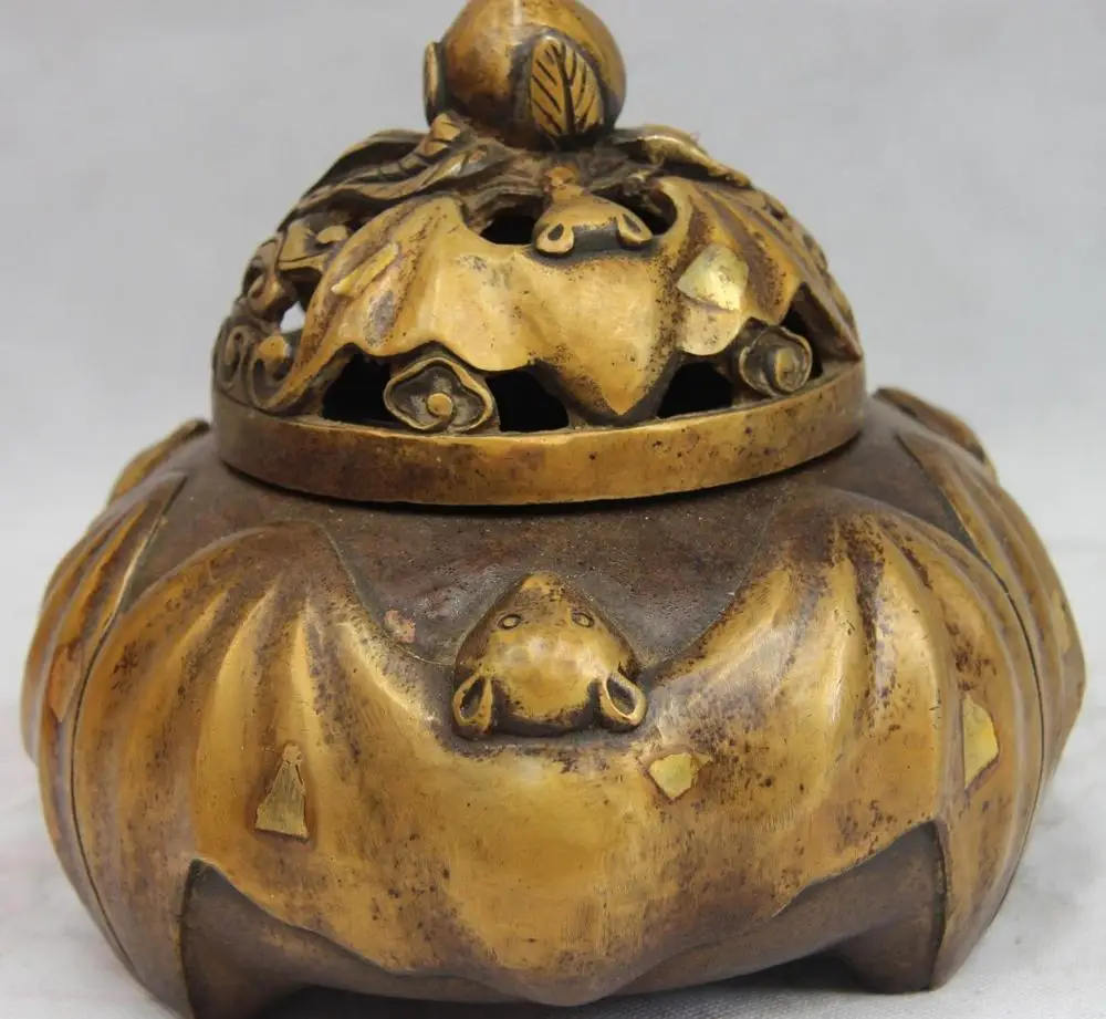 

Folk Monastery Old Copper Bronze Longevity peach Bats Pot Censer incense burner