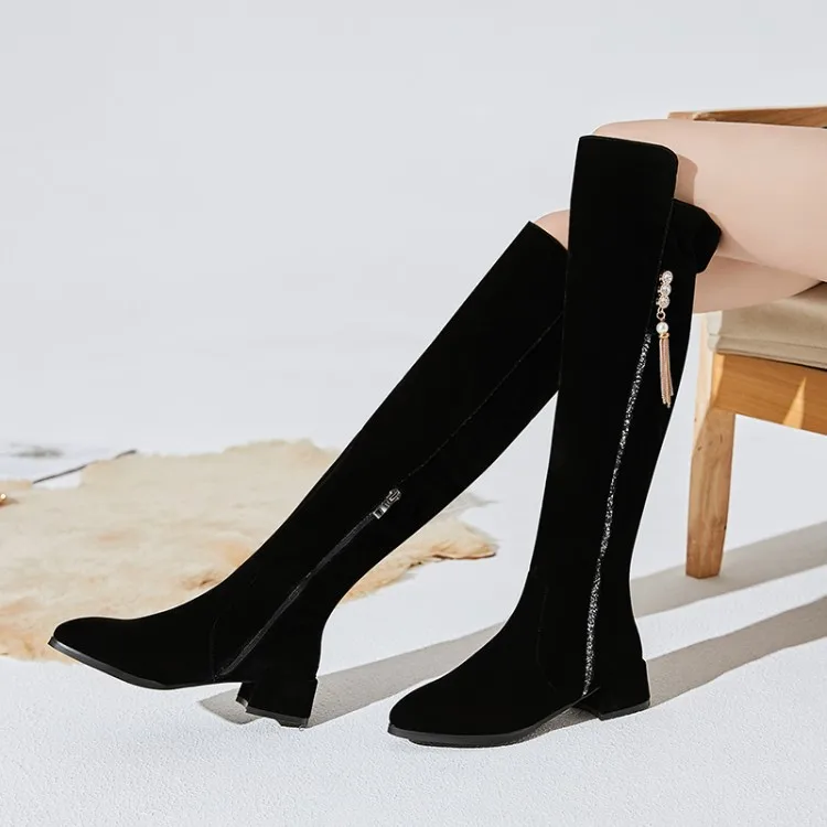 

Big Size 9 10 11 12 Pure-colored thick-heeled water drill fringed zipper boots with pointed suede