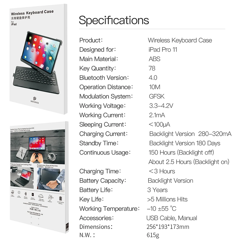 DUX DUCIS флип беспроводной чехол для клавиатуры iPad Pro 11 2018 Bluetooth клавиатура планшет с
