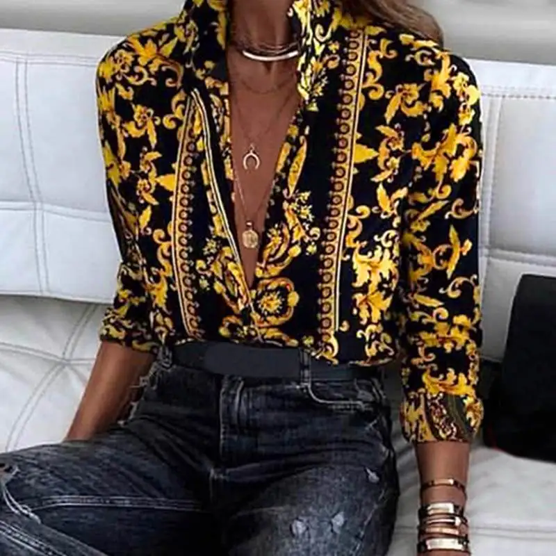 

Sexy paisley print elegant shirt blouse Female summer long sleeve vintage blouse Women bohemian retro causal top ladies
