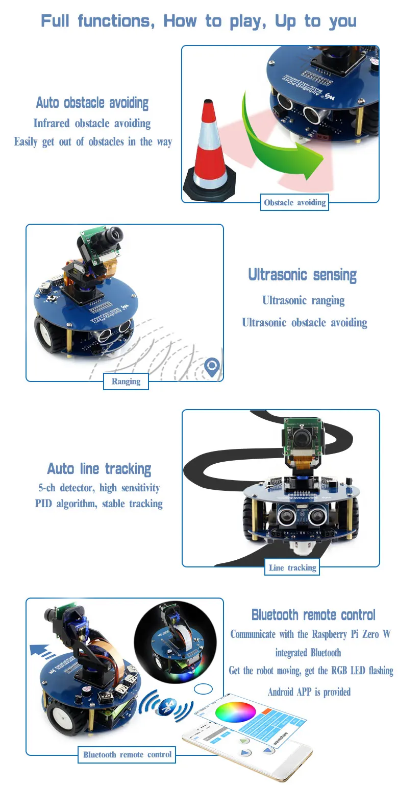 AlphaBot2 робот строительный комплект для Raspberry Pi Zero WH, с контроллером Raspberry Pi Zero WH(встроенный WiFi, предварительно припаянные разъемы