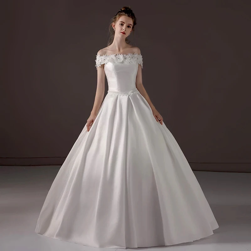 

Wedding Party Luxury Applique Lace Flower White Satin Pearl Beading Adjustable Waist Bust Ball Dress Princess Dresses