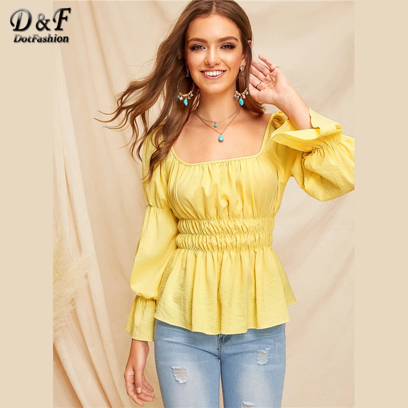 

Dotfashion Yellow Square Neck Shirred Waist Peplum Womens Tops And Blouses 2019 Spring Boho Clothes Ladies Flounce Sleeve Top