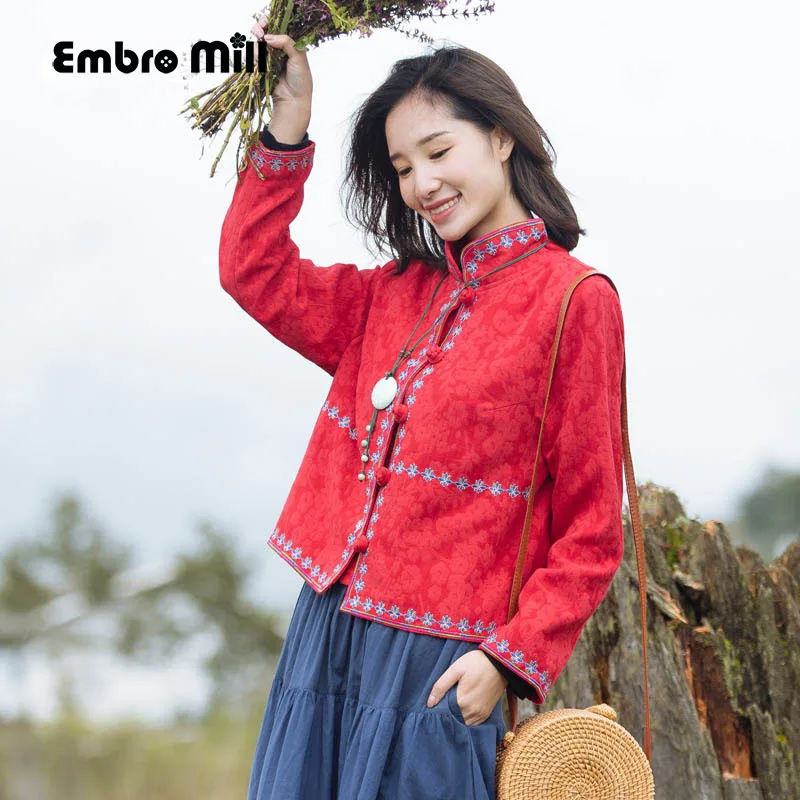 Для Женщин Осенние Топы в китайском стиле винтажные цветочные короткие пальто высокого класса Свободные повседневные lady royal вышивка