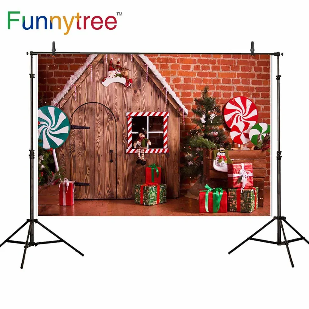 Фон Funnytree для фотостудии кирпичная стена маленький деревянный дом