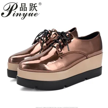

British japanned leather platform brogues women shoes height increasing derbies shoes thick bottom muffin flats girls bullocks