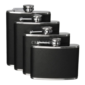 

200Pcs/Lot 4-8oz Outdoor Anti-slip Black Leather Skin Portable Liquor Wine Whisky Hip Flask Stainless Steel Flagon