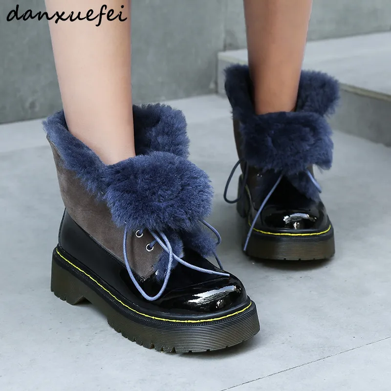 

Women's genuine suede leather real fur inside winter snow boots high quality waterproof lace-up punk ankle boots shoes women hot