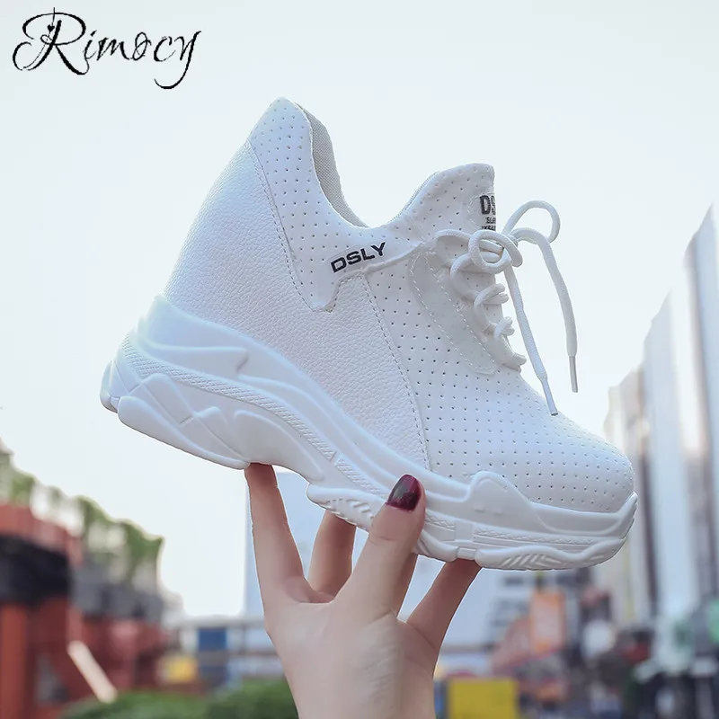 

Rimocy high Platform Wedge Sneakers women 2018 breathable mesh air height increasing casual shoes woman Ladies White Trainers