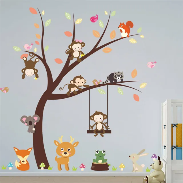 jungle wild animals monkey bird tree wall sticker for kids rooms tv