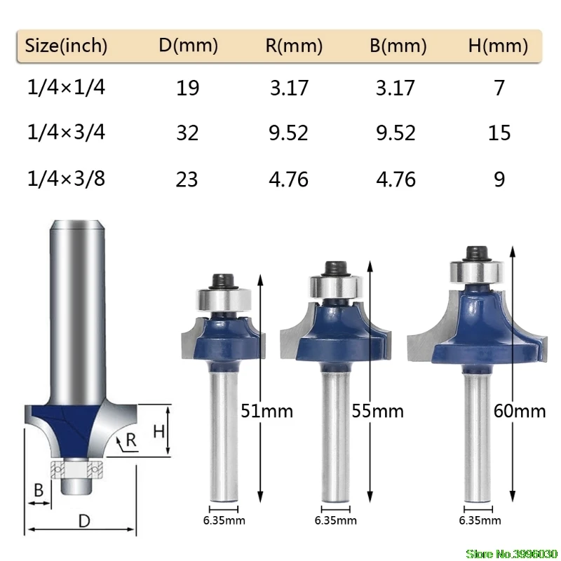 3 шт. радиус 1/" хвостовик круглый над бисероплетением фреза для отделки кромки Набор бит для деревообработки