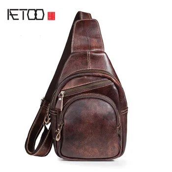 

AETOO Leather men's single shoulder bag, men's chest bag, casual diagonal bag, vintage hand-colored small bag