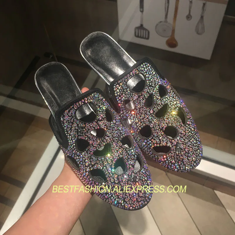 

Chic Spring Summer Hollow Crystal Mules Slippers Round Toe Cozy Flats Design 2018 Woman Casual Flats Outside Slippers Hot S