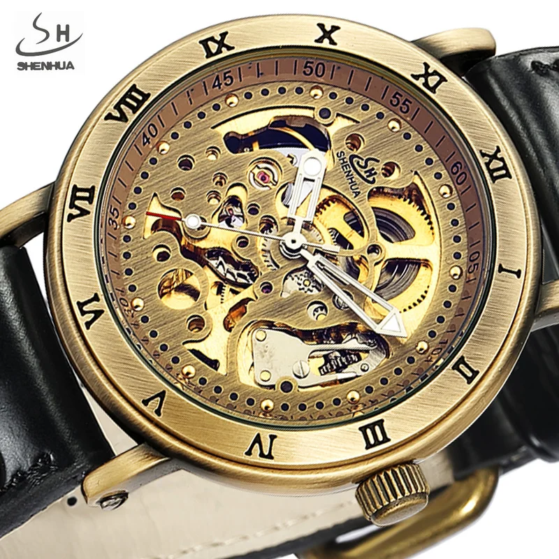

Skeleton Automatic Mechanical Watch Men SHENHUA Antique Bronze Steampunk Retro Leather Sport Wrist Watches Relogio Masculino