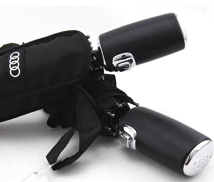 

High quality Audi Genuine Leather Handle Japanese brand sun rain Umbrella 3 Fold Anti UV French royal umbrella for Man and Woman