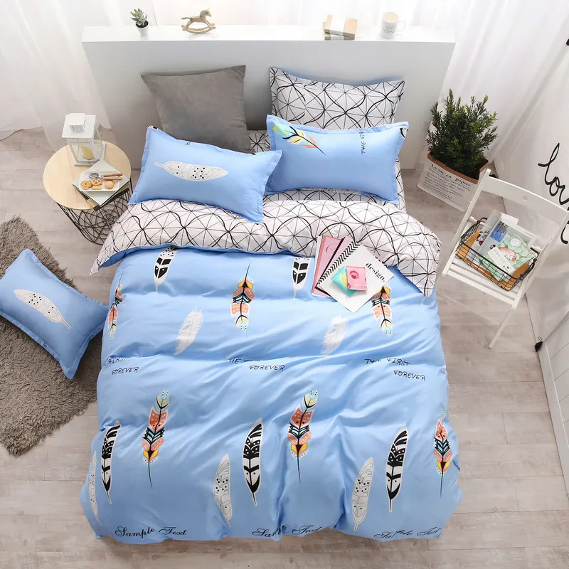 

2017 Latest Comfortable Breathable Feathers Printed Pattern Four Sets Of Home Textiles Quilt Cover + Bed Sheet+Pillowcase