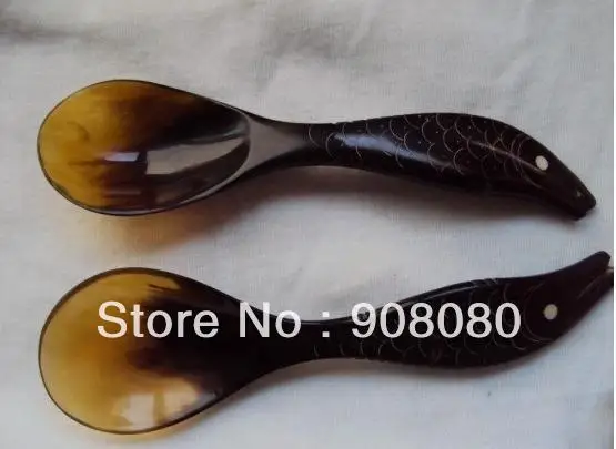 

L014 Tibet natural yak horn soup spoon,15-16cm,baby healthy ladle,hand carved fish handle,10pcs lot