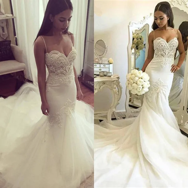 Sexy Ivory White Backless Mermaid Wedding Dresses 2018 Vintage Lace Spaghetti Straps Tulle Court Train Bridal Gowns Trumpet Vestido De Noiva