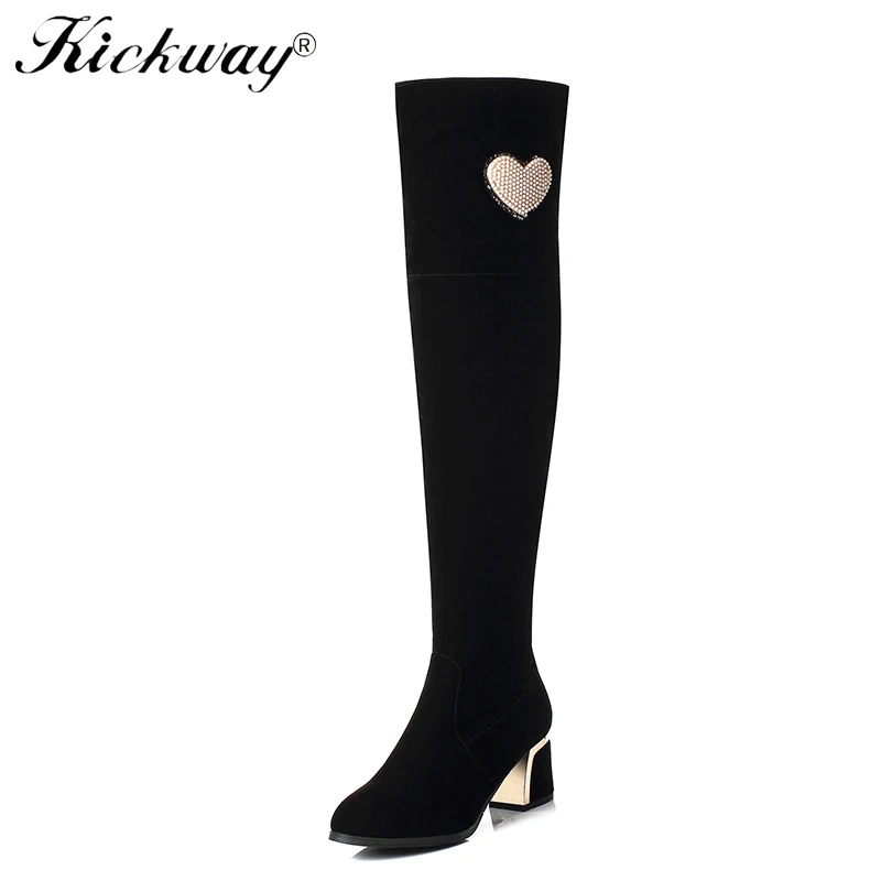 

Kickway 2018 Over The Knee Boots Winter Hot New Style Flock Long Shoes Woman Zipper Boots Platform Shoes Female Square Heel
