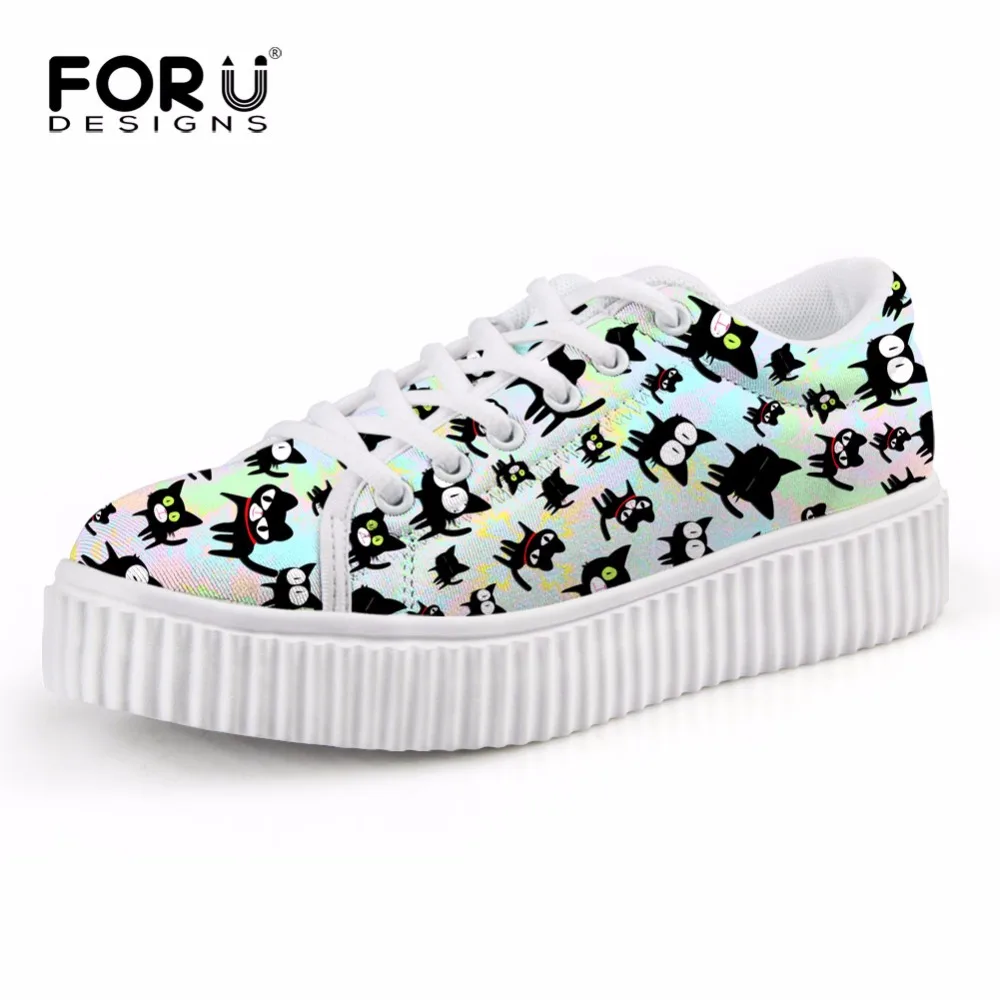 

FORUDESIGNS Cute Animal Cat Printing Low Style Flats Shoes for Women Autumn Fashion Female Casual Platform Creepers Shoes Woman