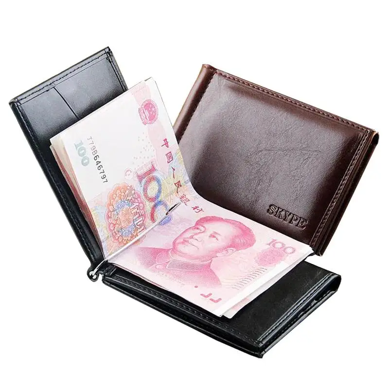 New Brand Luxury Business Man money clip wallet with metal clamp magnet hasp card slots slim designer leather purse for men