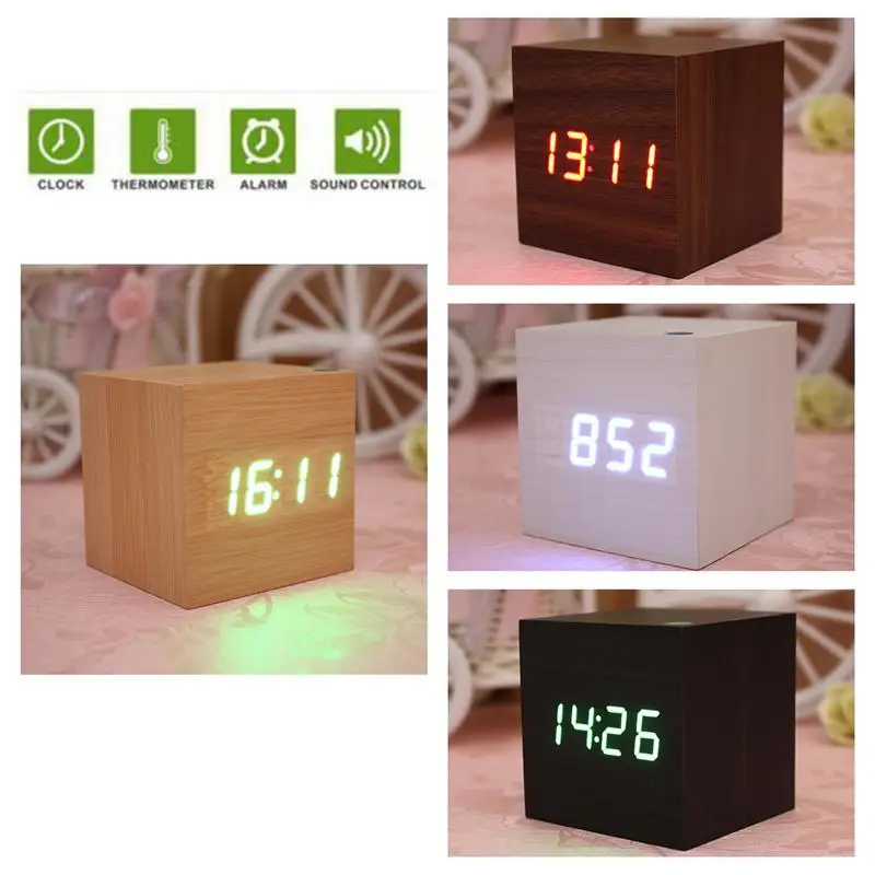  Mini Cube Shaped Home Office Desk Wooden Digital Alarm Clock Sound-Sensitive Clocks and Temperature