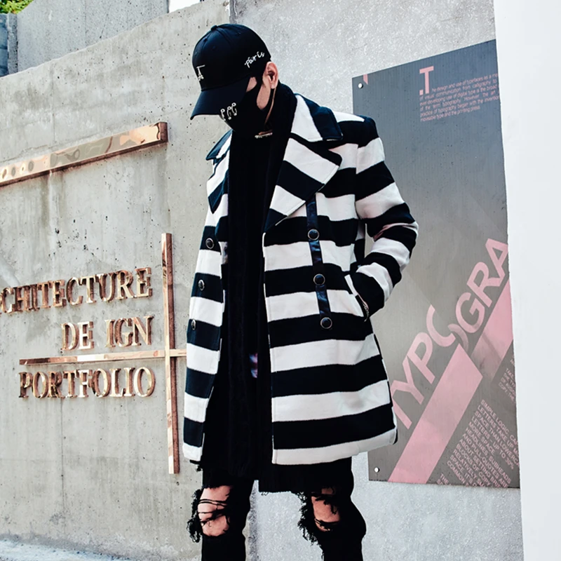 New Arrival Darkly Western Style Fashion Slim Mens Mid-Long Wool coat Hip Hop Autumn Male Casual Striped Overcoats Streetwear