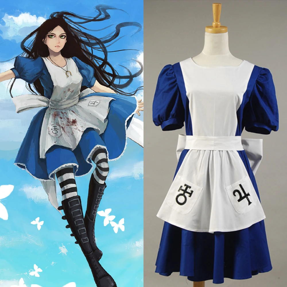 American Mcgee Alice Cosplay Costume Lady Blue Maid Full ...