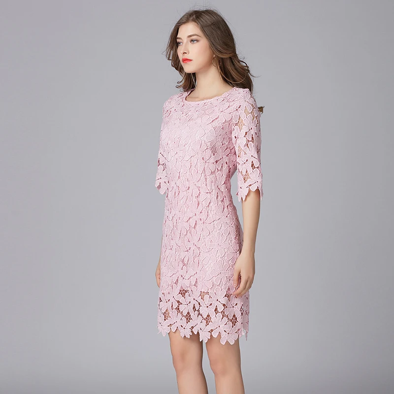 TAOYIZHUAI New Arrivals Spring Sweet Style Flare Sleeves O-Neck Plus Size Above Knee Pink Hollow Out Lace Women Dress 11832