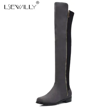 

Lsewilly Low Heel Stretch Lycra Long Boots Party Shoes Woman Fashion Flock Knee Boots Chunky Heel Comfort Western Style Boot K46