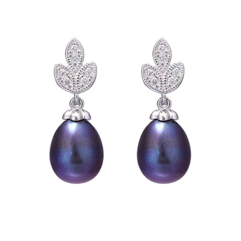 

Wholesale Beauty 925 Standard Silver Fine Jewelry Crystal CZ Leaf Earrings Real Black Freshwater Pearl Stud Earrings For Women