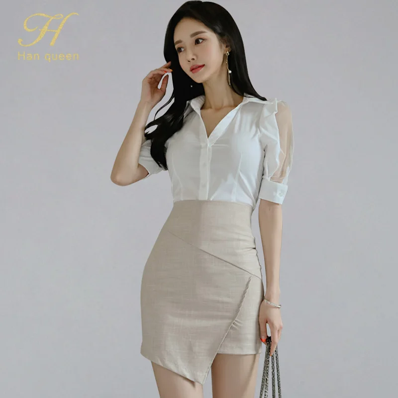 

H Han Queen 2019 Korean New Shirts Patchwork Shirt Top And Irregular Bodycon Short Skirts Women Summer 2 Pieces Office Wear Set