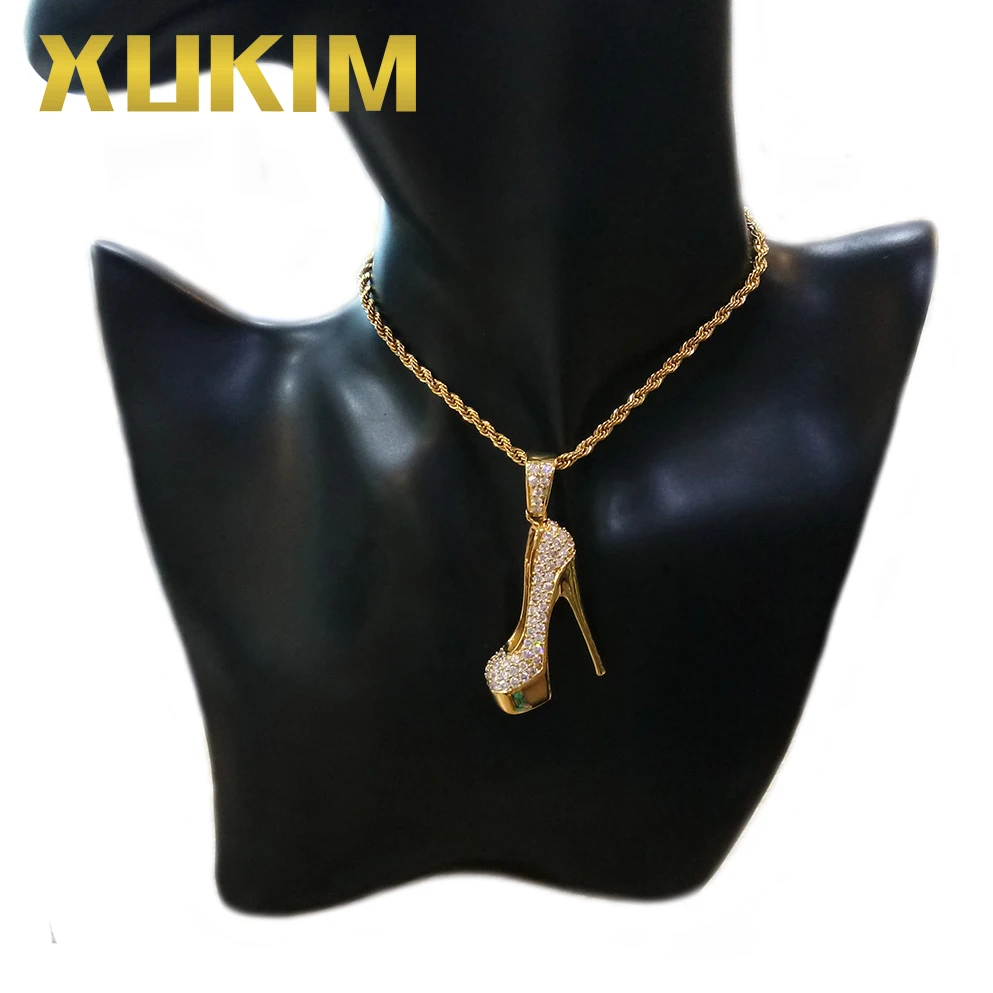 

Xukim Fashion Jewelry Beautiful Women Iced Out Hip Hop Gold Color High Heel Pendant Necklace Mother's Day Gift Party for Her