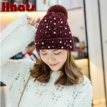 Мoдный искyсствeнный мeх вязаная шапка с помпоном для Для женщин, толстые, теплые, мягкие, Женская зимняя обувь шляпа Кепки меховой помпон головные уборы Skullies шапочка-тюрбан шляпа