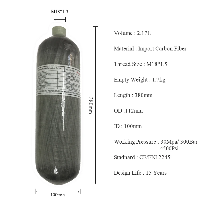 AC1217 Acecare 2.17L углеродное волокно цилиндр 4500Psi CE 300 бар PCP Пейнтбол HPA сжатого воздуха