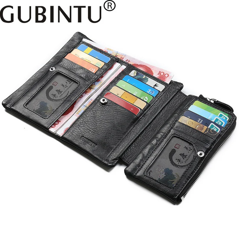 

GUBINTU Genuine Leather 3 Fold Long wallet Men Card holder First layer Cowhide High capacity Zipper Multifunction purse B3015-1
