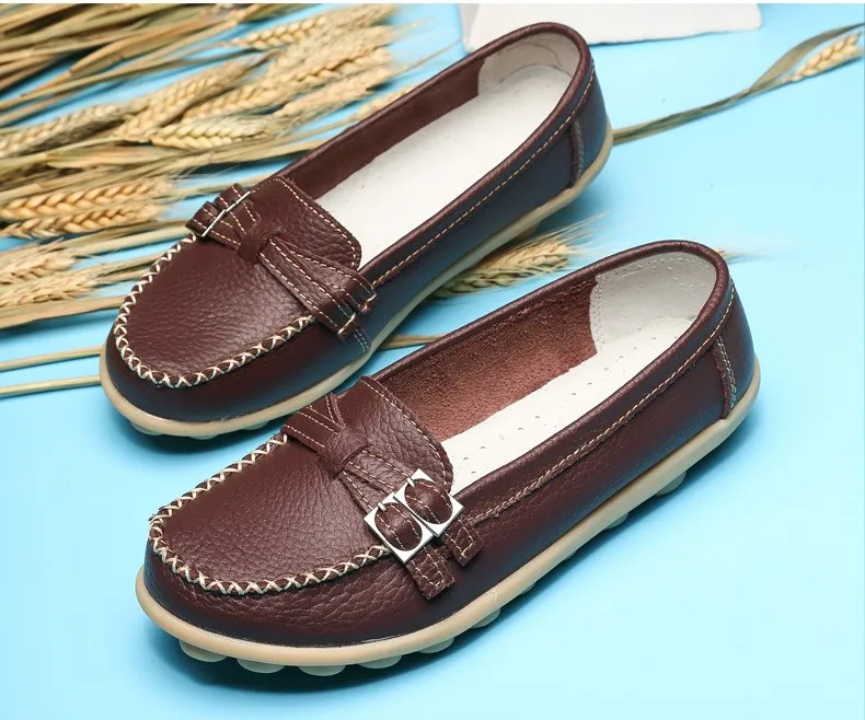 Soft Genuine Leather Shoes Women Slip On Woman Loafers Moccasins Female Flats Casual Women's Buckle Boat Shoe Plush Size 35-41 9