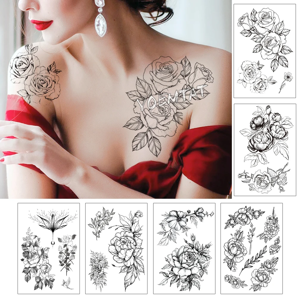 Leaf Rose Peony Lace Flower Waterproof Temporary Tattoo Sticker Black Big Tatto Body Art Shoulder Fake Tatoo For Women