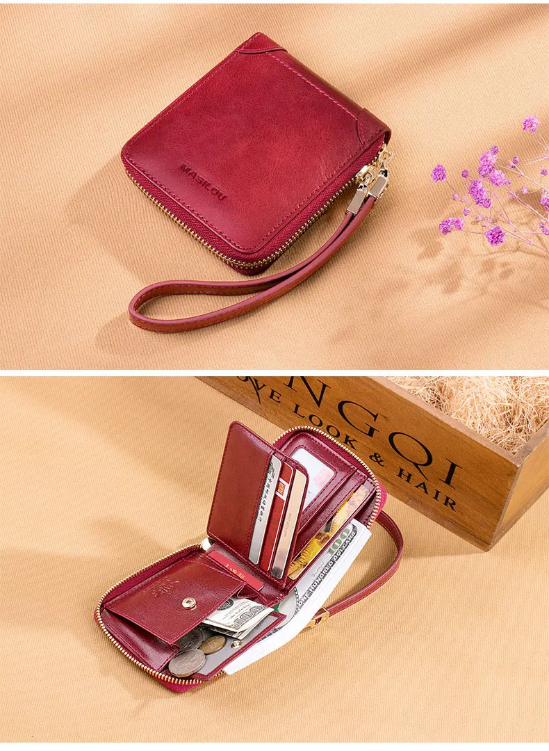 Women's Wallets Vintage Oil Wax Leather Short Wallet Genuine Leather Women Wallet Zipper Small Purse Female Mini Slim Coin Purse