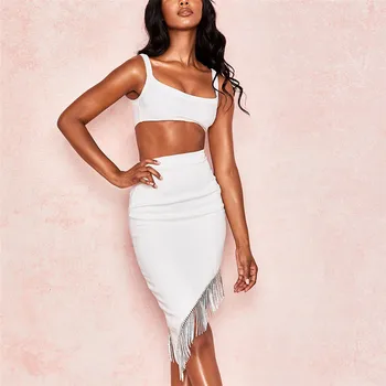 

2019 New Summer Women Sets Two Piece Fashion Top Tassel Skirt Evening Party White Sleeveless Bodycon Sexy Club