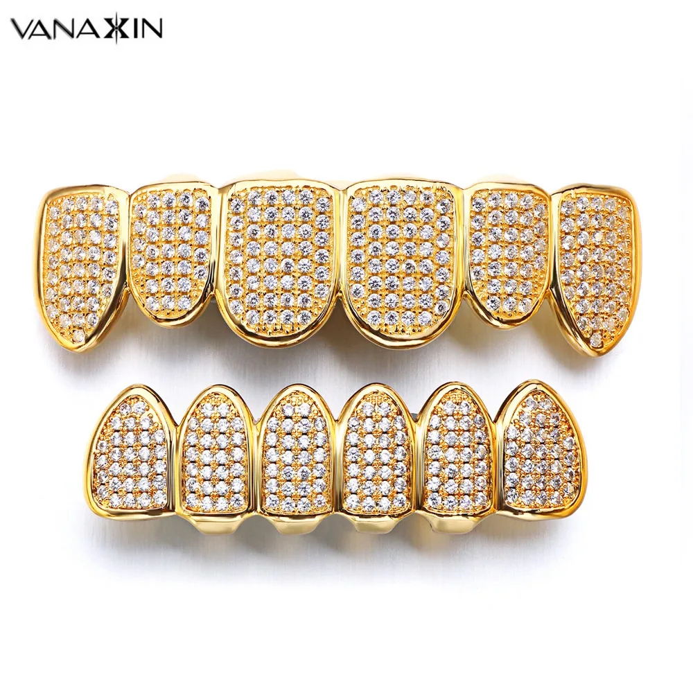 

VANAXIN Hip Hop Iced Out Gold Color Teeth Grillz Top&Bottom Grills Dental Mouth Punk Teeth Caps Cosplay Party Rapper Jewelry Box