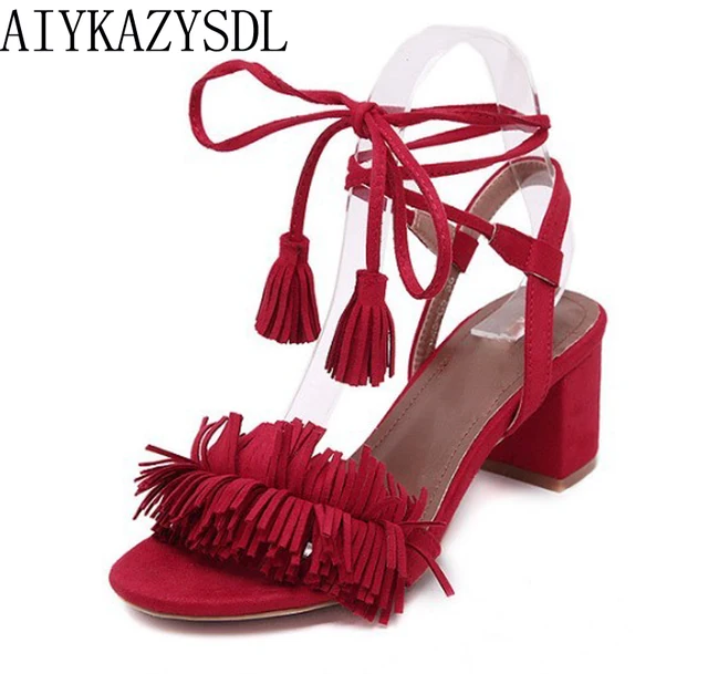 AIYKAZYSDL Women Sandals Pumps Fringe Ankle Strap Gladiator Sandals Square Block Med Heels Summer Lace Up Woman Shoes Causal