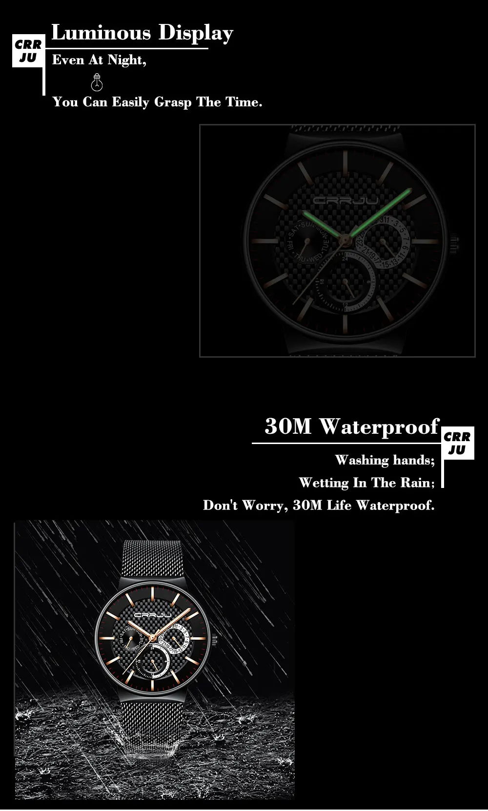 Модные Бизнес Календарь часы для мужчин Топ бренд CRRJU часы 24 часа часы мужские повседневные наручные часы с нержавеющей стали