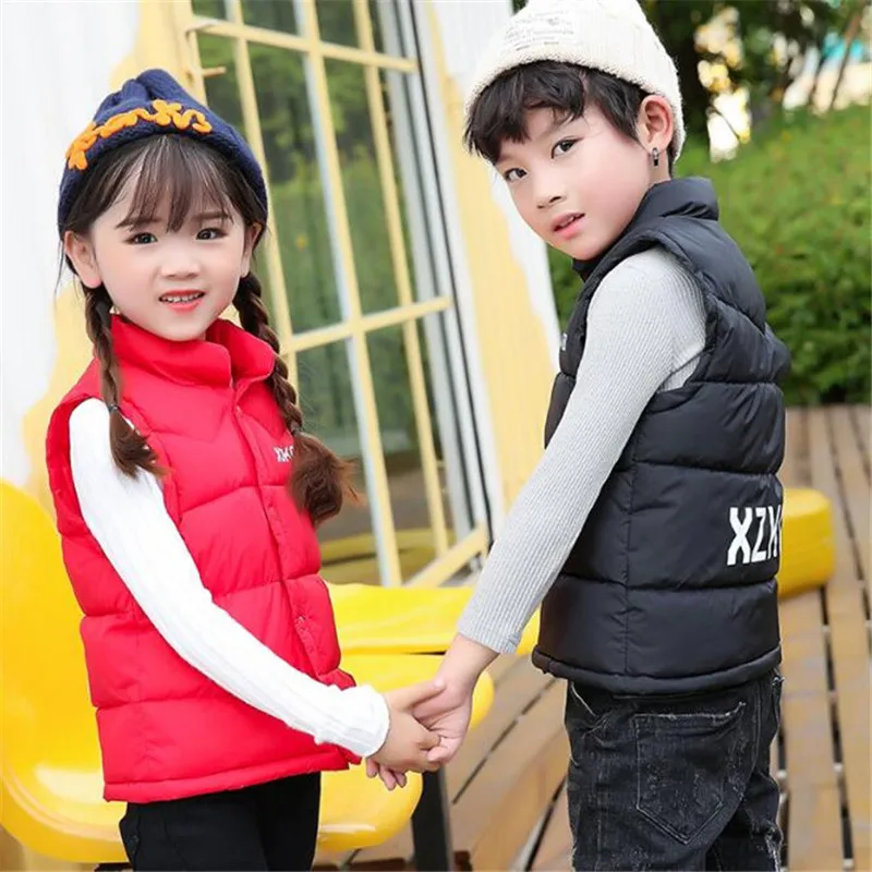 

2018 Children Winter New Stand Collar Down Cotton Vests Kids Casual Letter Printing Waistcoats Boys Outdoor Windproof Warm Vest