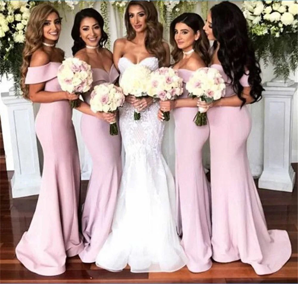 

Simple Mermaid Long Dresses Bridesmaid 2019 Off The Shoulder Boat Neck Custom Made Wedding Guest Dress Cheap Women Party Gowns