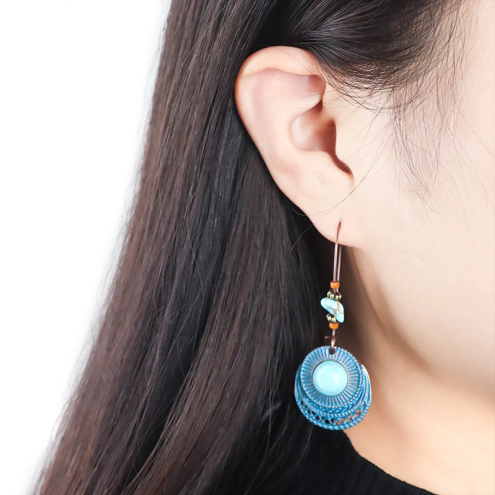 

1 Pair Vintage Dangle Earrings Silver Plated Green Turquoises Earring Elegant Women's Bohemian Drop Earring